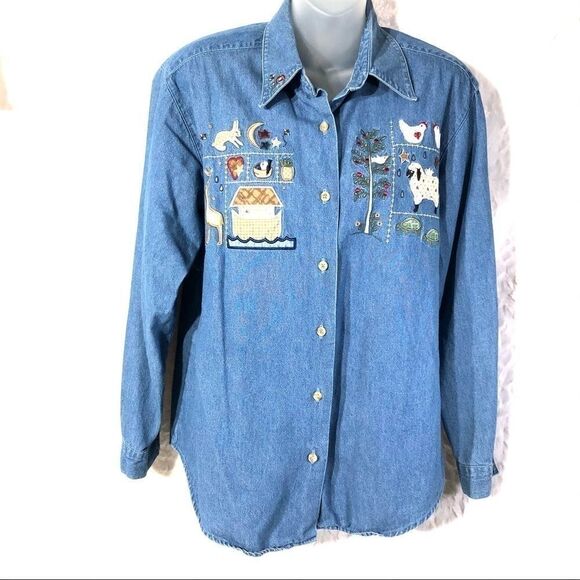 Chambray long sleeve shirt button up appliqué EUC cottagecore granny core farm - Picture 5 of 16